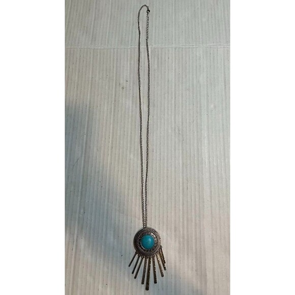 Bohochic Silver Tone 19.5" Necklace w/Faux Turquoise & Silver Dangles - Picture 2 of 3